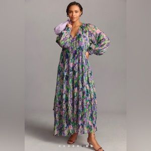 Anthropologie The Marais Chiffon Maxi Dress XL- Neutral Owl Print